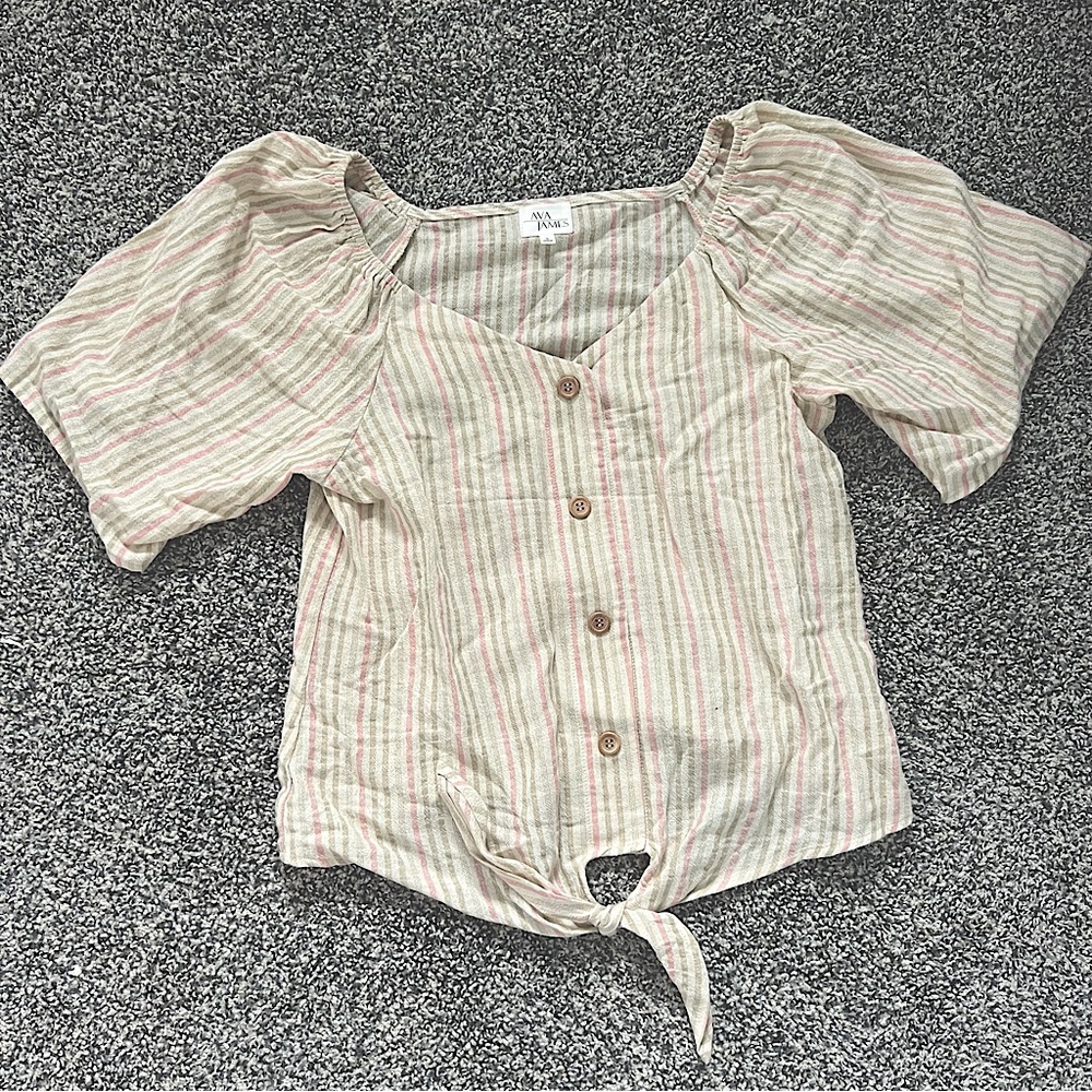 Ava James Stripe Button Down Short Sleeve Top